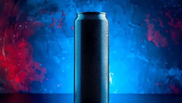 Lata negra sobre fondo azul eléctrico, representando una bebida energética moderna y enigmática.