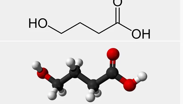 Representación molecular y estructural del GHB, sustancia utilizada en agresiones sexuales y consumo recreativo.