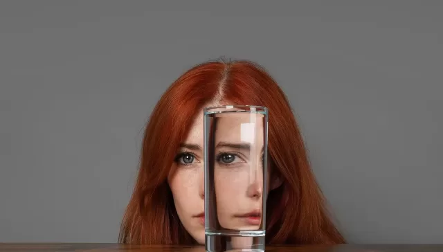 Rostro femenino reflejado y distorsionado a través de un vaso de agua, simbolizando la lucha interna de la patología dual.