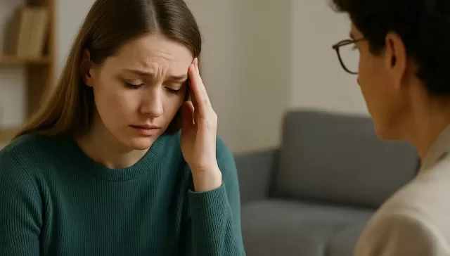 Mujer joven afectada emocionalmente durante una sesión de EMDR con terapeuta profesional