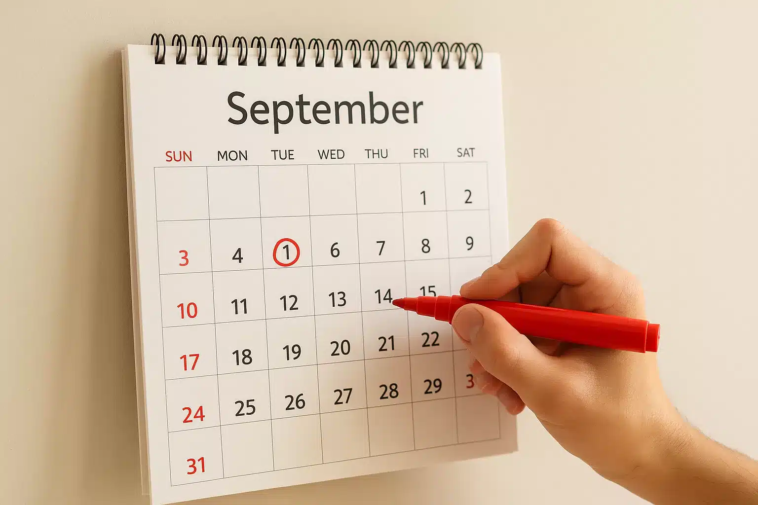 Calendario de septiembre con el día 1 marcado en rojo, simbolizando un nuevo comienzo.
