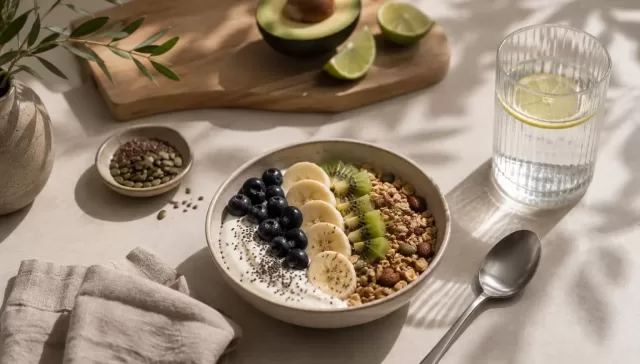 Bowl de yogur con fruta fresca, granola y semillas servido en un entorno tranquilo, como símbolo de una relación sana y sin culpa con la comida durante el tratamiento de un trastorno de la conducta alimentaria.