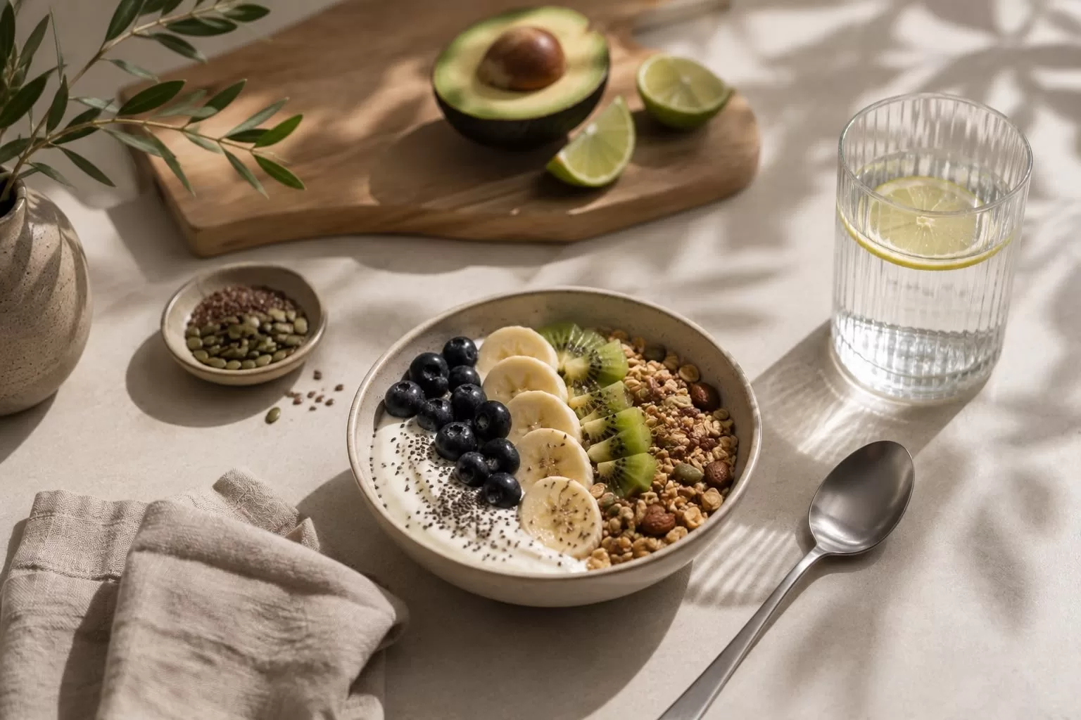 Bowl de yogur con fruta fresca, granola y semillas servido en un entorno tranquilo, como símbolo de una relación sana y sin culpa con la comida durante el tratamiento de un trastorno de la conducta alimentaria.