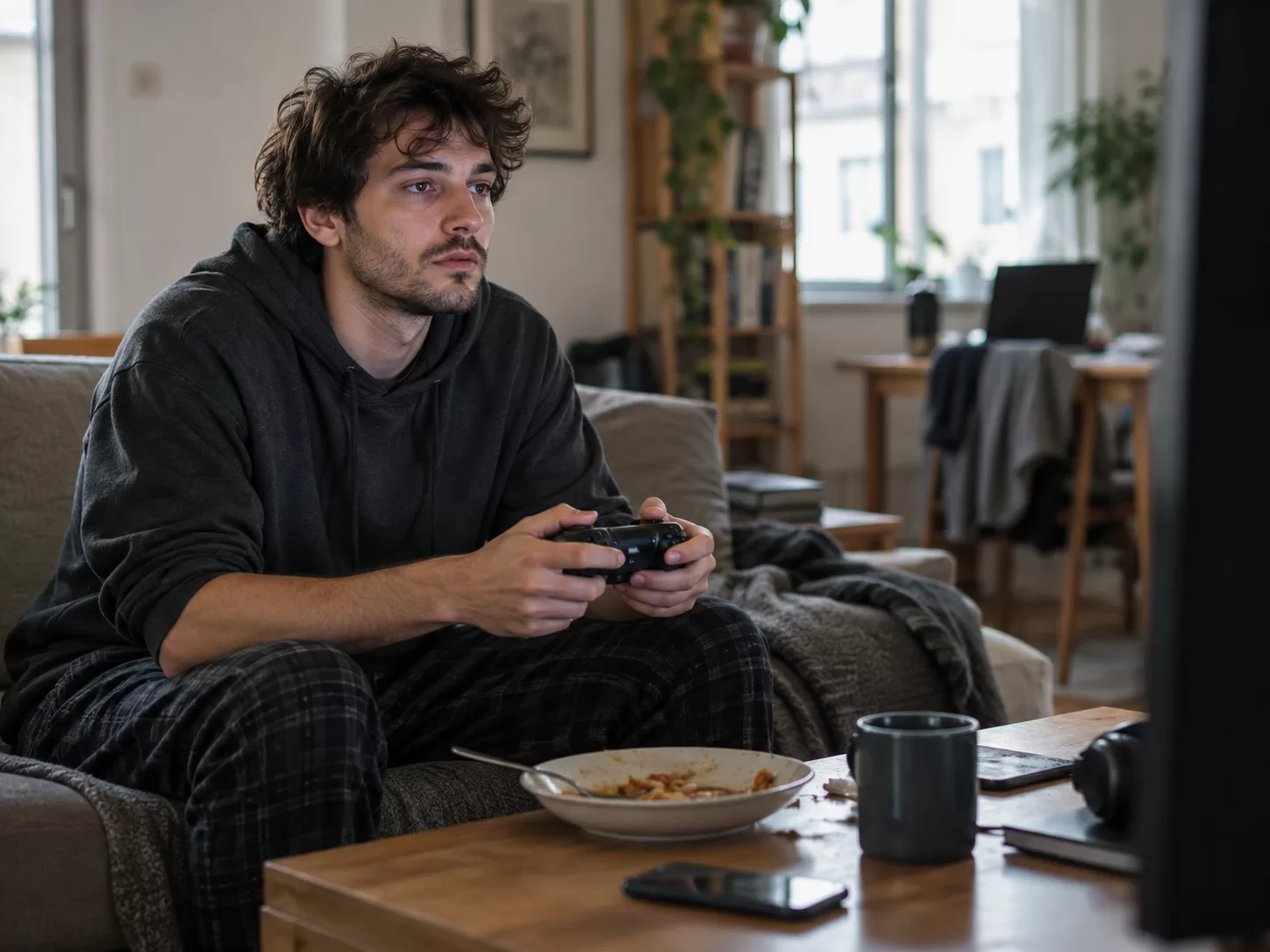 Persona jugando a videojuegos online en casa con signos de pérdida de control sobre el juego
