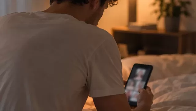 Persona a solas por la noche con el móvil en la cama, en relación con la conducta sexual compulsiva y el uso problemático de pornografía